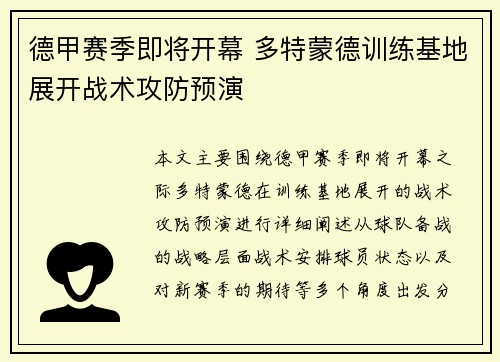 德甲赛季即将开幕 多特蒙德训练基地展开战术攻防预演