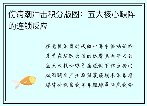 伤病潮冲击积分版图：五大核心缺阵的连锁反应
