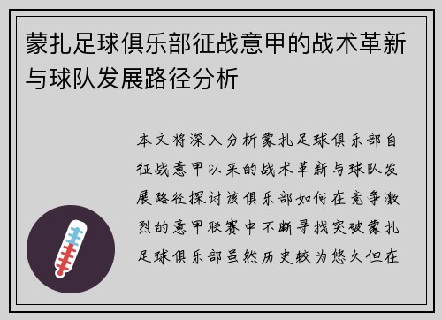 蒙扎足球俱乐部征战意甲的战术革新与球队发展路径分析